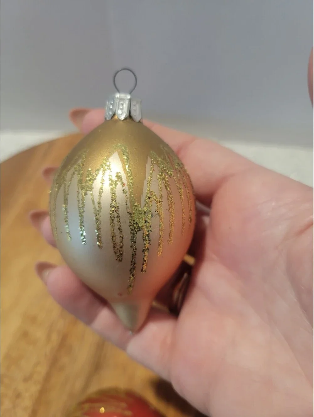 2 Vintage Teardrop Blown Glass Hand Painted Mica Glitter Christmas Ornaments 3